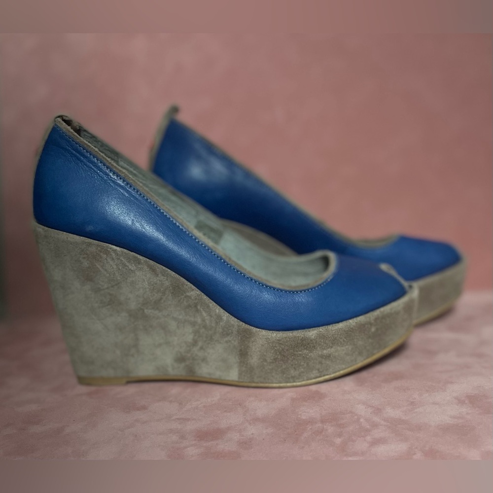 NOBRAND Vintage Royal Blue Leather Peep Toe Platform Wedge — EU 38 / US 7.5